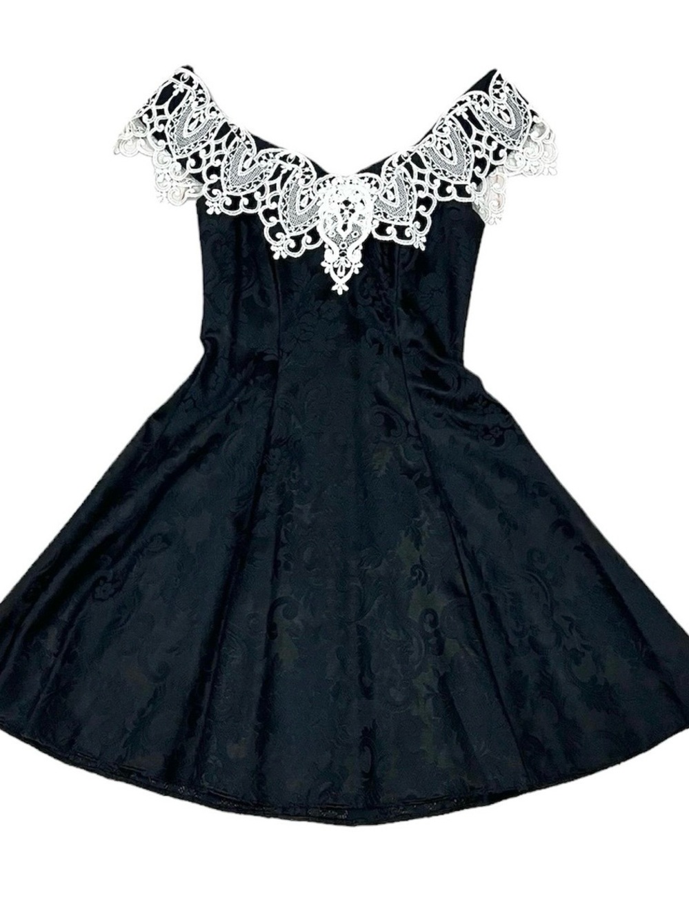 Jessica McClintock Black One-Shoulder Dress with White Lace Appliqué - Picture 5 of 10